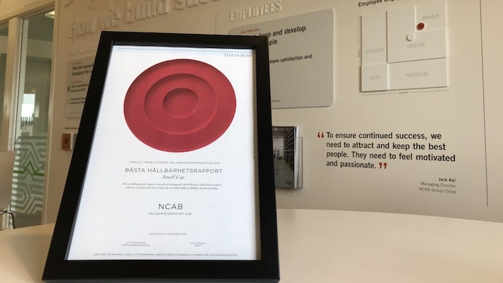 Diploma to NCAB´s sustainability report 2019, one of three winners