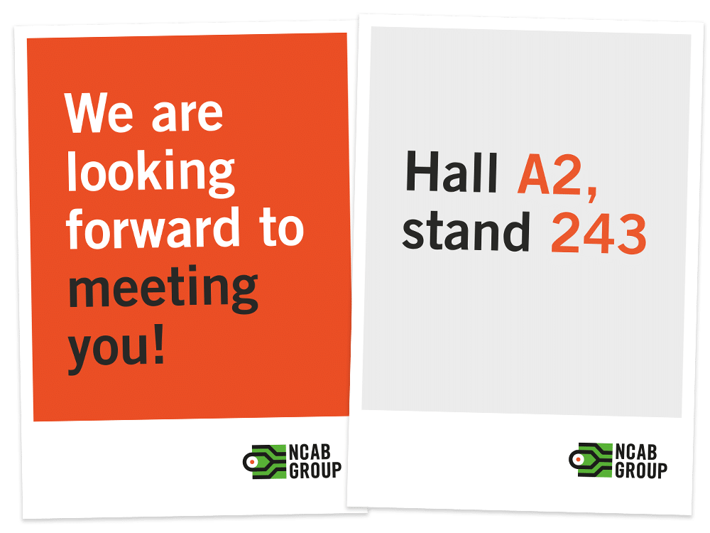 Posters with text: We are looking forward to meeting you! Hall A2, stand 243